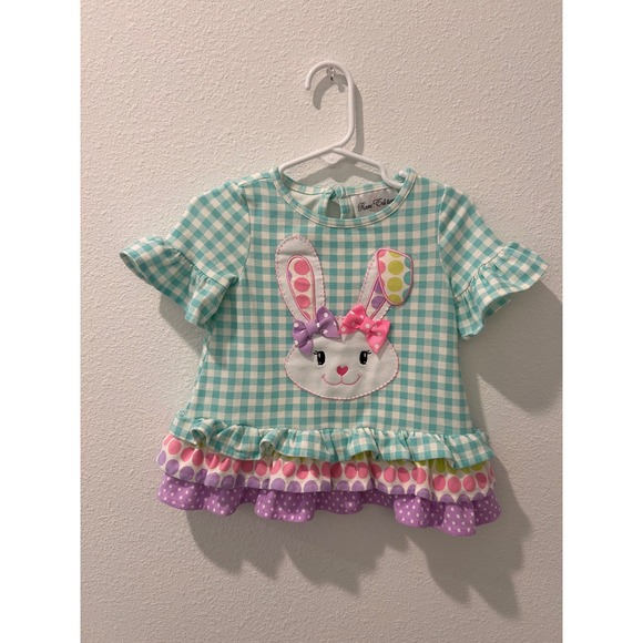 Rare Editions Other - Rare Editions Baby Girl Teal Gingham Bunny Ruffle Top Shirt 12M